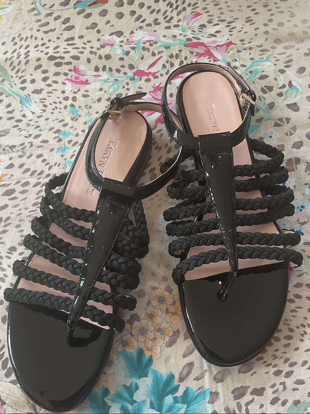 Taryn Rose Italia Black Braided T-strap Sandals